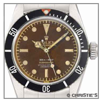 Vintage Rolex® tropical Submariner, Ref 6538 Modell ;Four-Liner 1959 coroncione large crown James Bond auktion Christie's Preis $544.698